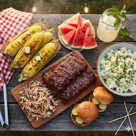Grilled beef ribs with rice, watermelon and saladの写真素材