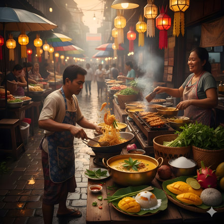 Thai people selling food at street food market in Bangkok, Thailand.の写真素材