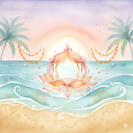 Beautiful background with palm trees, sun and sea. Vector illustration.の写真素材