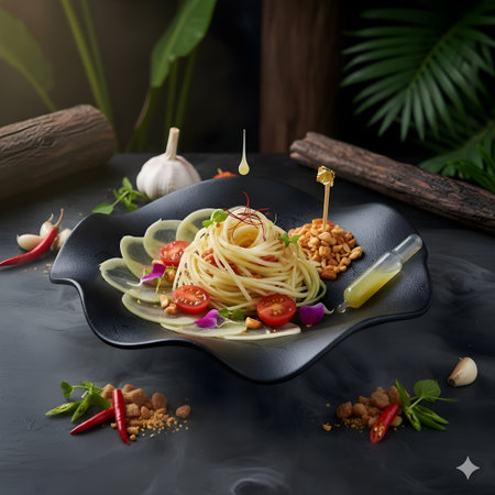 Spaghetti with pesto sauce and pine nuts on a black plateの写真素材