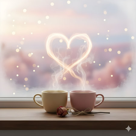 Cup of coffee and heart shape on window sill. Valentine's day conceptの写真素材