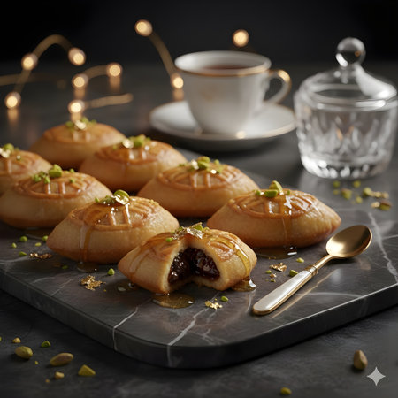 Baked buns with jam and cup of tea on dark backgroundの写真素材