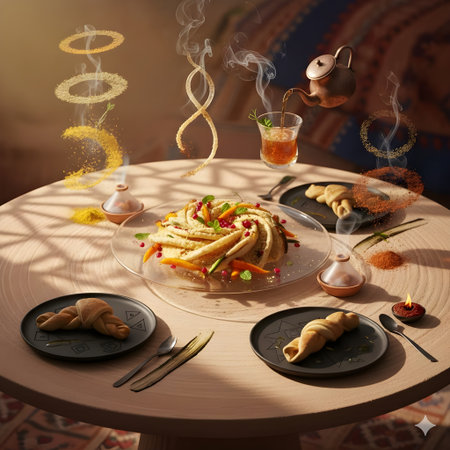 Traditional breakfast with tea and croissants on a wooden tableの写真素材