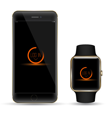 Black gold smartphone and smart watchr realistic object. Mockups smart objectのイラスト素材