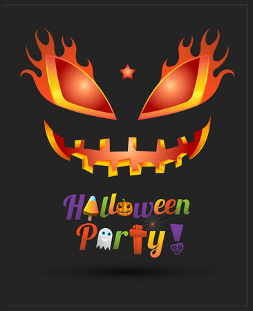 Happy Halloween party text design with face pumpkin on black background, vector illustrationのイラスト素材