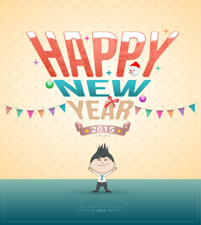 Happy new year test with cartoon. Vector illustration. Can use for new year card. New year festival. Printing and web elementのイラスト素材
