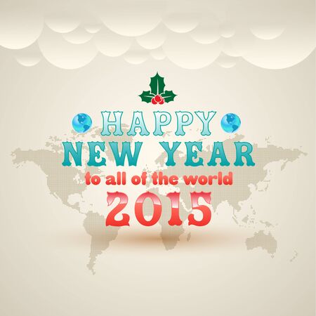 Happy new year to all of the world 2015 greeting card or poster design with world map. Vector illustration.のイラスト素材