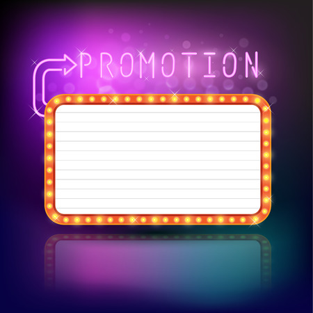 Retro vintage frame banner promotion - light bulb shimmering casino or cinema theater sign. Vector illustration.のイラスト素材