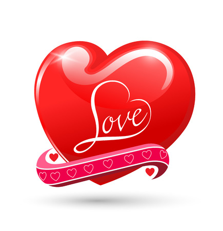 Heart Love red glossy symbol. Beautiful glossy Valentines Day romantic card design element. Isolated on white. Vector illustration. backgroundのイラスト素材