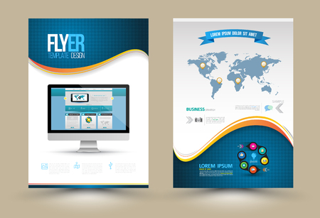 Vector Poster Templates with website on computer. Template for Business Documents, Flyers and Placards. Computer Technologies, Communication and Online Services Infographic Concept.のイラスト素材