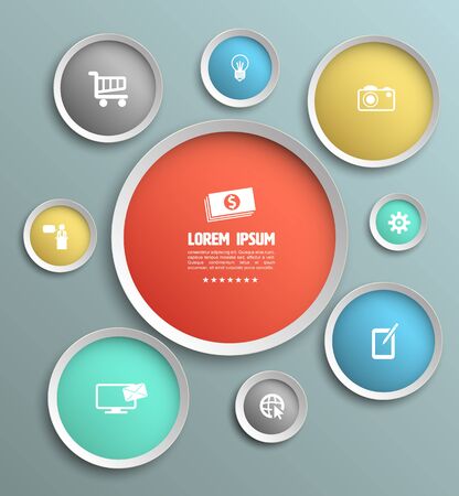 Vector Modern Design Circle template background with icons. can used for workflow layout, diagram, number options, web design, infographics, business brochure.のイラスト素材