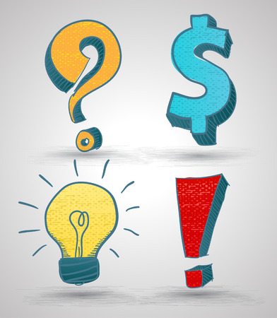 Doodle symbol set with texture. Vector illustration. Question mark, Dollar sign, Light bulb, Alert sign.のイラスト素材
