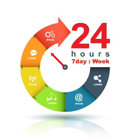 Service and support around the clock 24 hours a day and 7 days a week symbol isolated on white background. Stylized blue iconのイラスト素材