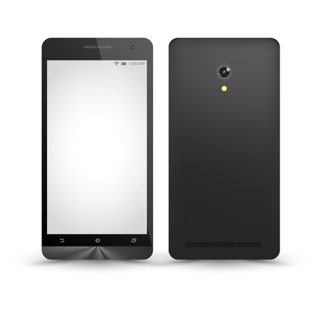 New realistic smartphones mockups front and back with blank screen isolated.のイラスト素材