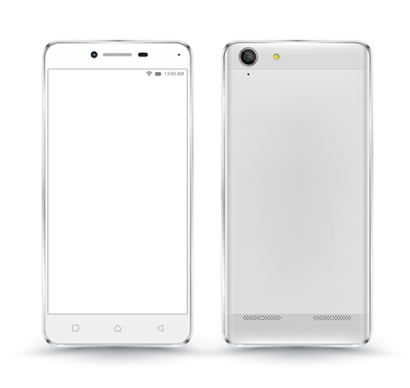 New realistic mobile phone smartphone collection mockups with blank screen isolated on white background. Vector illustration. for printing and web element, Game and application mockup.のイラスト素材