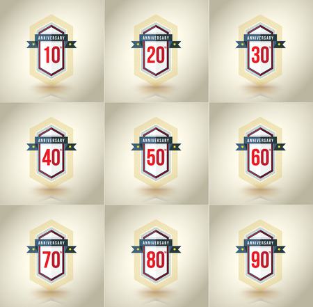 Anniversary icon set. 10,20,30,40,50,60,70,80,90 years. Template for cards and congratulation design. Vector illustration.のイラスト素材