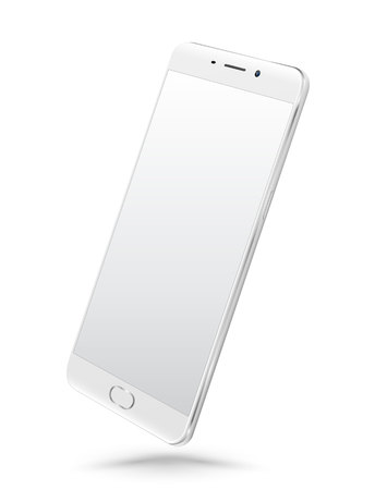 Perspective realistic white smartphone mockup with blank screen isolated on white background. Vector illustration. for printing and web element, Game and application mockup.のイラスト素材