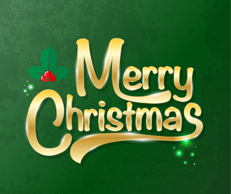Merry Christmas Gold text on green texture background. Vector illustration for Holiday Christmas and promotion element on Christmas day.のイラスト素材