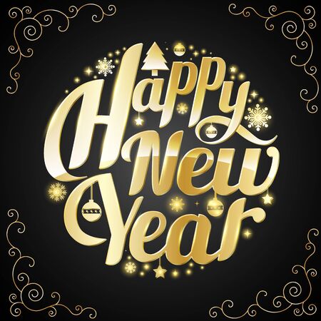Gold Happy New Year Lettering circle on black. Vector illustration.のイラスト素材