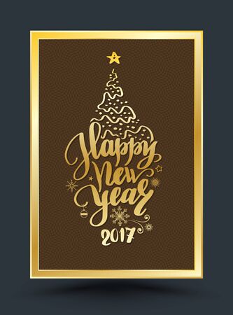 Gold Happy New Year hand drawn lettering Christmas tree style. Vector illustration Holiday background.のイラスト素材
