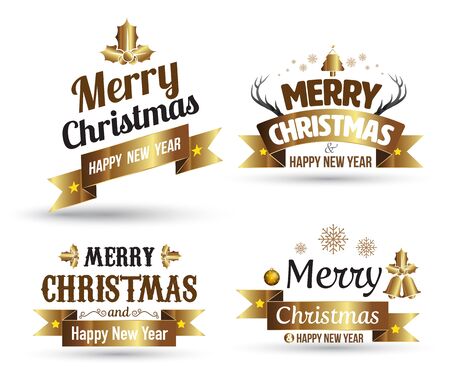 Merry Christmas and Happy New Year typographic gold collection, Vector Illustration.のイラスト素材