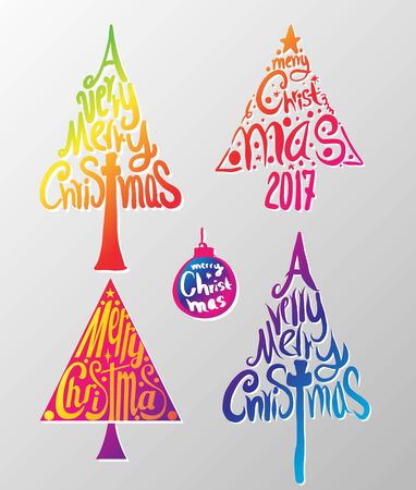A Very Merry Christmas typographic spruce shaped label isolated for greeting card or decoration banner design vector illustration templateのイラスト素材