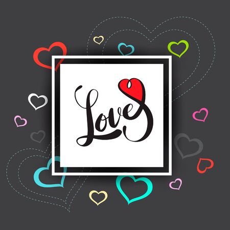 vector hand drawn love lettering with heart, rectangle frame. Can be used as gift card, flyer or poster love concept valentine and wedding card.のイラスト素材