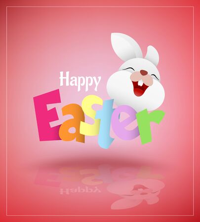 Colorful Happy Easter greeting card with rabbit, bunny, eggs and banners. Vector illustration for Easter dayのイラスト素材
