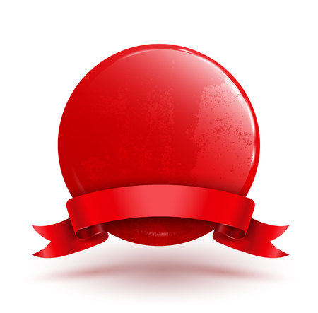 Badge circle with red ribbon. Vector illustration for sale banner quality and award.のイラスト素材