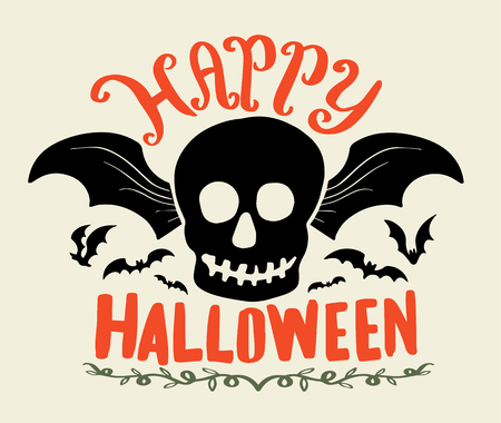 Happy Halloween vector lettering. Holiday calligraphy with bats spider and web for banner, poster, greeting card, party invitation. Isolated illustration.のイラスト素材