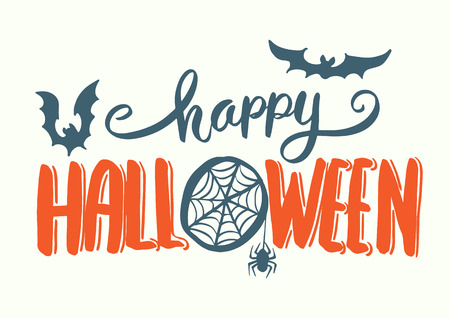 Happy Halloween vector lettering. Holiday calligraphy with bats spider and web for banner, poster, greeting card, party invitation. Isolated illustration.のイラスト素材