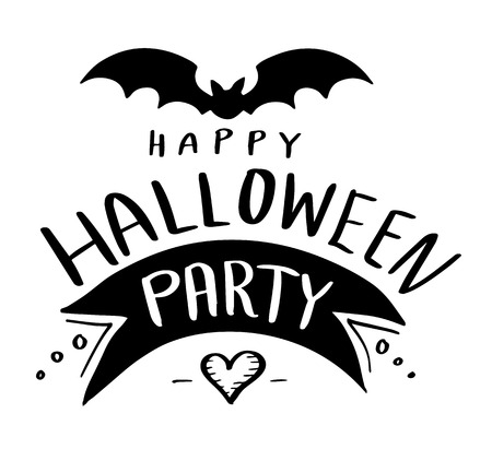 Happy Halloween vector lettering. Holiday calligraphy with bats spider and web for banner, poster, greeting card, party invitation. Isolated illustration.のイラスト素材