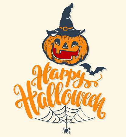 Happy Halloween vector lettering. Holiday calligraphy with bats spider and web for banner, poster, greeting card, party invitation. Isolated illustration.のイラスト素材