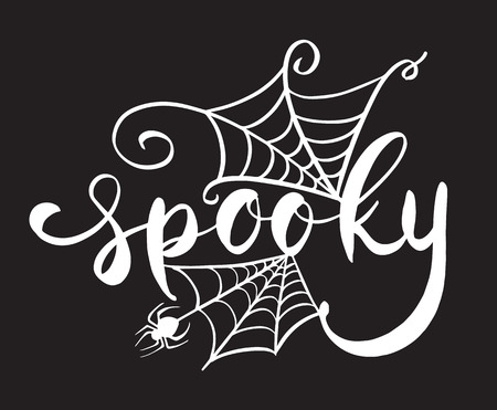 Happy Halloween vector lettering. Holiday calligraphy with bats spider and web for banner, poster, greeting card, party invitation. Isolated illustration.のイラスト素材