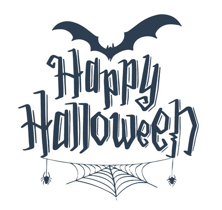 Happy Halloween vector lettering. Holiday calligraphy with bats spider and web for banner, poster, greeting card, party invitation. Isolated illustration.のイラスト素材