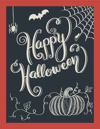 Happy Halloween vector lettering. Holiday calligraphy with bats spider and web for banner, poster, greeting card, party invitation. Isolated illustration.のイラスト素材