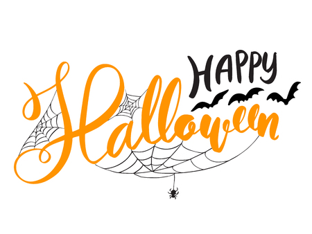 Happy Halloween vector lettering. Holiday calligraphy with bats spider and web for banner, poster, greeting card, party invitation. Isolated illustration.のイラスト素材