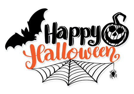 Happy Halloween vector lettering. Holiday calligraphy with bats spider and web for banner, poster, greeting card, party invitation. Isolated illustration.のイラスト素材