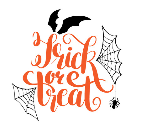 Happy Halloween vector lettering. Holiday calligraphy with bats spider and web for banner, poster, greeting card, party invitation. Isolated illustration.のイラスト素材