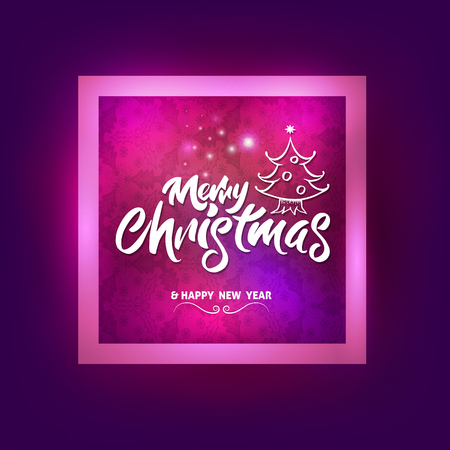 Merry Christmas with christmas tree lettering in square frame for Christmas card and advertising New Year season. Vector illustration.のイラスト素材