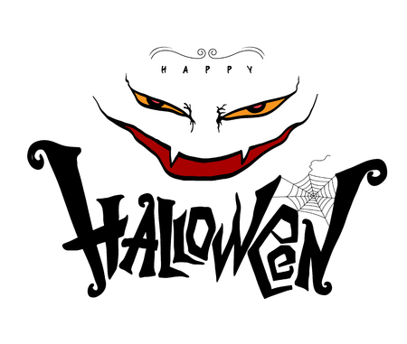 Halloween lettering design with monster face drawn style for Halloween party advertising poster element. Vector illustration.のイラスト素材