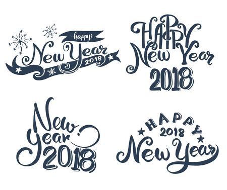 Happy New Year 2018 hand lettering set for New Year card and poster promotion advertising. Vector illustration.のイラスト素材