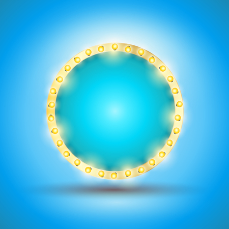 Inscription circle banner for sale, advertising banner, retro shiny label with lights on a dark background.のイラスト素材
