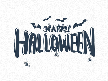 Happy Halloween vector lettering. Holiday calligraphy with bats spider on bats background for banner, poster, greeting card, party invitation. Isolated illustration.のイラスト素材