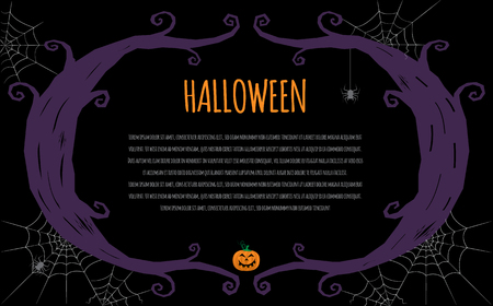 Happy Halloween vector lettering on spider web for banner, poster, greeting card, party invitation. Isolated illustration.のイラスト素材
