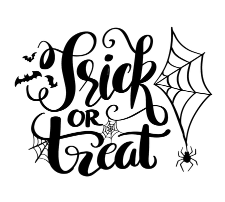 Happy Halloween vector lettering on spider web for banner, poster, greeting card, party invitation. Isolated illustration.のイラスト素材