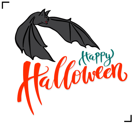 Happy Halloween vector lettering on spider web for banner, poster, greeting card, party invitation. Isolated illustration.のイラスト素材