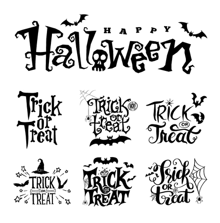 Happy Halloween vector lettering on spider web for banner, poster, greeting card, party invitation. Isolated illustration.のイラスト素材
