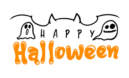 Happy Halloween vector lettering. Holiday calligraphy with ghost face, spider and web for banner, poster, greeting card, party invitation. Isolated illustration.のイラスト素材