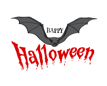 Happy Halloween vector lettering. Holiday calligraphy with ghost face, spider and web for banner, poster, greeting card, party invitation. Isolated illustration.のイラスト素材